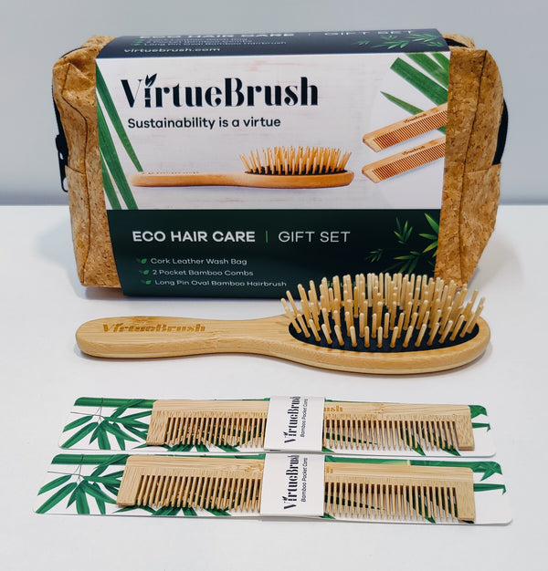 Hair Care Gift Set with Oval Hairbrush, 2 Bamboo Combs & Cork Leather Wash Bag