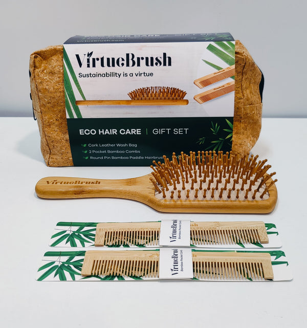 Hair Care Gift Set with Paddle Hairbrush, 2 Bamboo Combs & Cork Leather Wash Bag